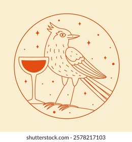 Vector illustration with a bird and glass of wine or other drink. Doodle stars on the background. Coaster or bar wall poster design, apparel print