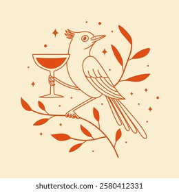 Vector illustration with a bird and glass of wine or other drink. Doodle stars on the background. Coaster or bar wall poster design, apparel print