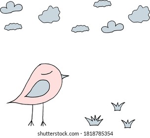 Vector illustration, bird, grass and clouds, color print, doodling for paper design, fabric, interior