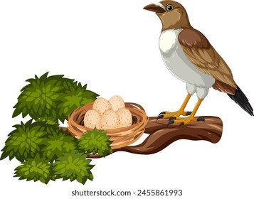 Vector illustration of bird guarding eggs in nest.