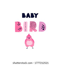 Vector illustration of bird and hand drawn lettering, Baby bird. Colorful typography design in Scandinavian style for postcard, banner, t-shirt print, invitation, greeting card, poster, graphic design