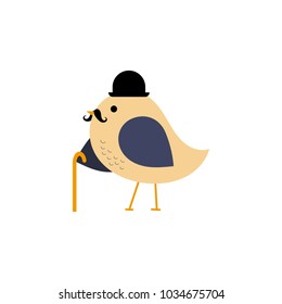 Vector illustration of bird with hat, mustache and walking stick