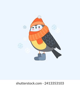 Ilustración vectorial de un pájaro con sombrero y bufanda. Ilustración de pájaro para postal, embalaje, portátil.