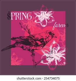 Vector illustration of bird, heart and flowers. Spring floral background. T-shirt design. Graphic picture with text "Spring forever"