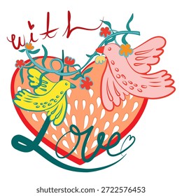 Ilustración vectorial de un pájaro con el corazón, conjunto de ilustración plana del Vector de la etiqueta engomada del día de San Valentín. Colección de símbolo de amor y Elementos románticos personaje de dibujos animados. Dibujado a mano 14 febrero isola
