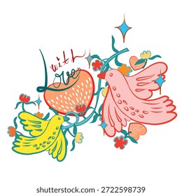 Ilustración vectorial de un pájaro con el corazón, conjunto de ilustración plana del Vector de la etiqueta engomada del día de San Valentín. Colección de símbolo de amor y Elementos románticos personaje de dibujos animados. Dibujado a mano 14 febrero isola