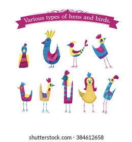 Vector illustration of bird, hen. Set of 9 birds and hens. Can be used for spring and easter cards, illustrations, ...