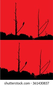 Vector illustration of bird and naked winter trees silhouette. Mystic, mysterious, creepy, simple, horror. Red, bloody.