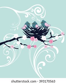 vector illustration of bird nest with floral branches