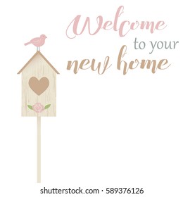 Vector illustration with bird and nestling boxes with heart, flower and leaves - welcome to your new home