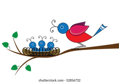 vector illustration of the bird with nestlings