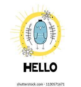 Vector illustration of a Bird. Nice background. Hand drawn letters style. Scandinavian motives
