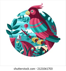 Vector illustration of a bird on a background of exotic nature. Travel, adventure, sea