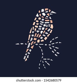 Vector Illustration of a bird on a branch in abstract mosaic geometric style . Creative illustration for print, posters, home, fashion design .