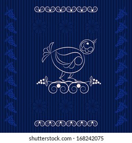 vector illustration bird on a branch of grapes and flowers in the style of Russian Folk Art