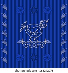 vector illustration bird on a branch of grapes and flowers in the style of Russian Folk Art