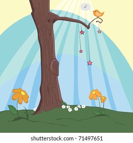 Vector illustration of a bird perched on a smiling tree branch with flowers and stars