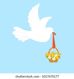 Vector illustration. Bird pigeon carries a basket of flowers. To decorate postcards, albums, applications.