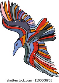 Vector Illustration Bird Raven Crow Flying Isolated Wings Feathers Flat Decorative Colorful Print Tribal