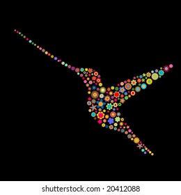 Vector illustration of bird shape made up a lot of  multicolored small flowers on the black background