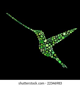 Vector illustration of bird shape made up a lot of  green small flowers and leaf on the black background