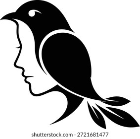 Ilustración vectorial de una forma de pájaro que hace las veces de perfil facial femenino simbolizando la belleza natural, la libertad y la armonía con la naturaleza aislada sobre fondo blanco
