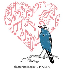 Vector illustration of bird singing love song.