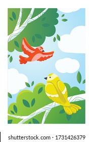 Vector illustration. A bird sits on a branch with green leaves. A bright bird flies. Tree branches against the blue sky.