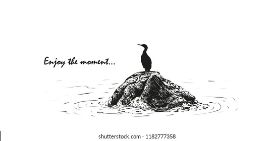 vector illustration of a bird sitting on a stone in the sea, a sketch made by hand