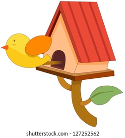 A vector illustration of a bird sitting on a bird house