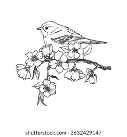 Vector illustration of a bird sitting on the cherry branch. Outline drawn. decorative elements