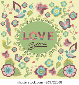 Vector illustration of a bird and spring flowers