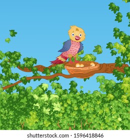 Vector illustration of a bird standing near its nest, hidden in the foliage of the forest, where there are a few eggs.