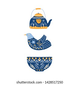 Vector illustration  with bird, teacup and teapot. Folk art ornament. Scandinavian design in circle, floral composition.  Swedish and Norwegian motives