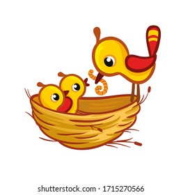 Vector illustration with a bird that brought the worm to the chicks in the nest. Cute birds in cartoon style.
