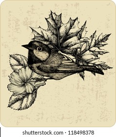 Vector illustration of the bird titmouse, leaves and wild rose.