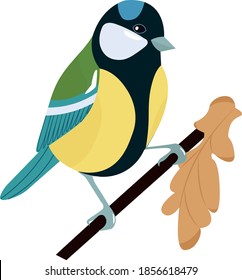Vector illustration of a bird titmouse on a branch. Bird on a white background isolated. Template for postcard, poster, web design.