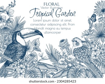 Vector illustration of a bird in a tropical garden. Toucan, corella parrot, anthurium, palm and banana leaves, liviston, plumeria, zantedeschia, monstera, strelitzia, orchid, ptorea, butterflies