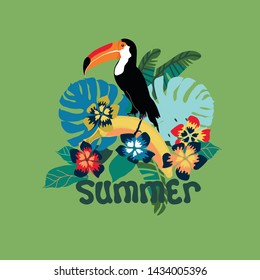 vector illustration with bird and tropical leaves