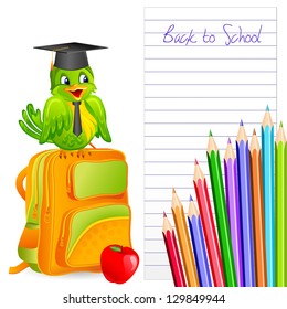 vector illustration of bird wearing mortar board with school bag