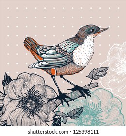 vector illustration of a bird and wild roses