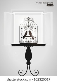 Vector illustration with birdcage and window