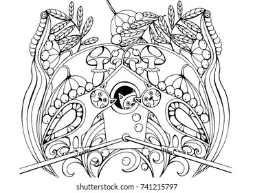 vector illustration of a birdhouse with birds and cats in the foliage, patterns and designs