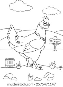 Vector illustration of Birds. a Chicken with a landscape as the background. Creativity coloring book for children