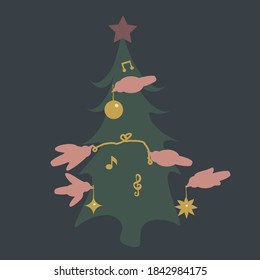 Vector illustration of birds decorating a Christmas tree. Folklore art in muted colors.