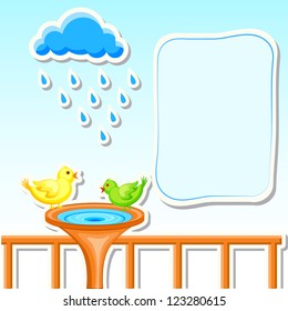 vector illustration of birds drinking water with raining cloud