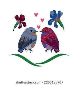 vector illustration with birds, flowers, hearts for a wedding