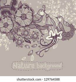 vector illustration of birds and flowers on a beige background