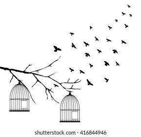 vector illustration of birds flying and bird cages in the tree