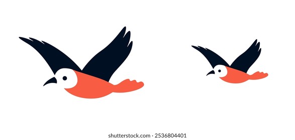 Vector illustration of birds flying in the sky. Minimalist design with simple shapes and bold colors, isolated on white background. Ideal for nature, wildlife, and freedom-related themes.